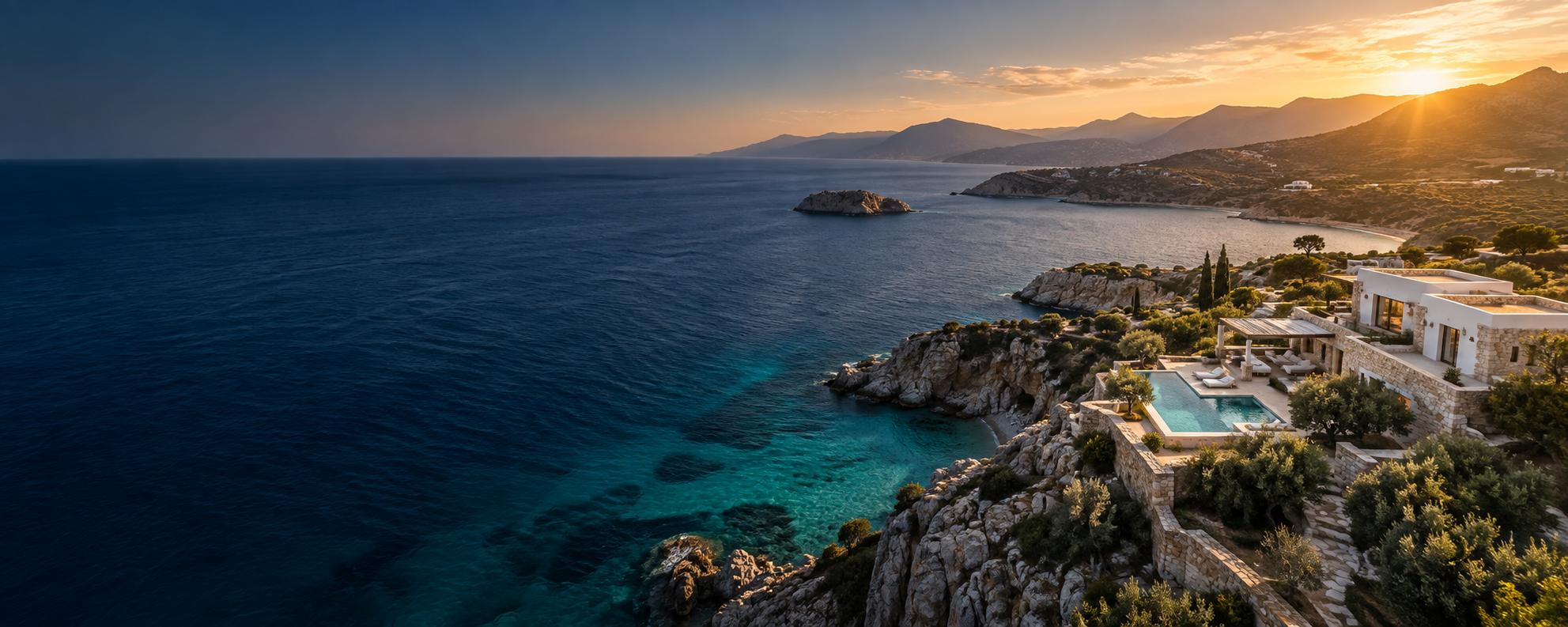 Aerial view of a Mediterranean villa above a blue coastal bay